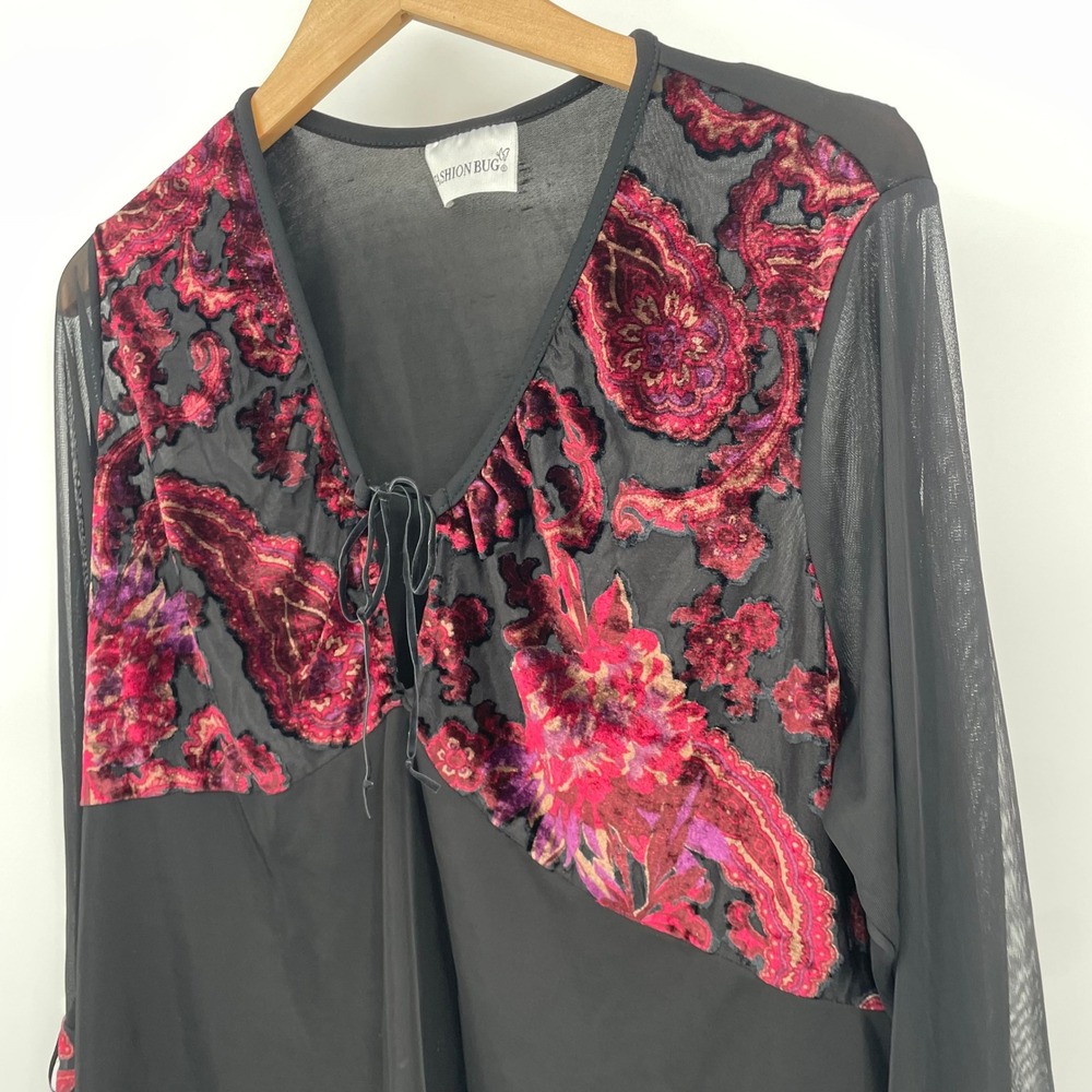Fashion Bug Vintage Sheer Mesh Burnout Velvet Paisley Tie Front Top Plus 18/20